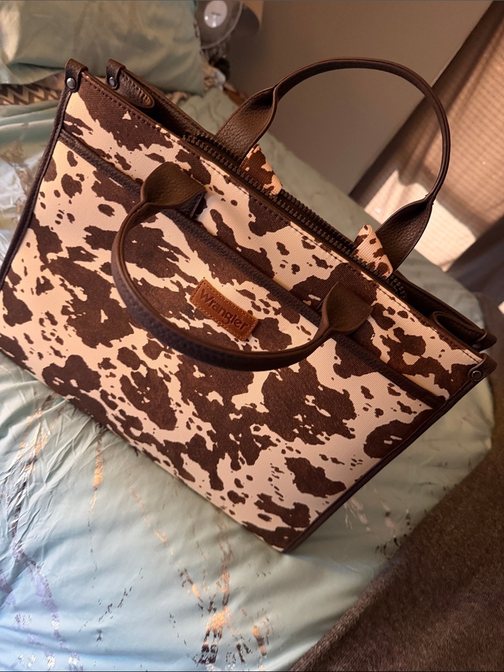 Wrangler Brown & Cream Cow Print Tote. Computer bag. New never used